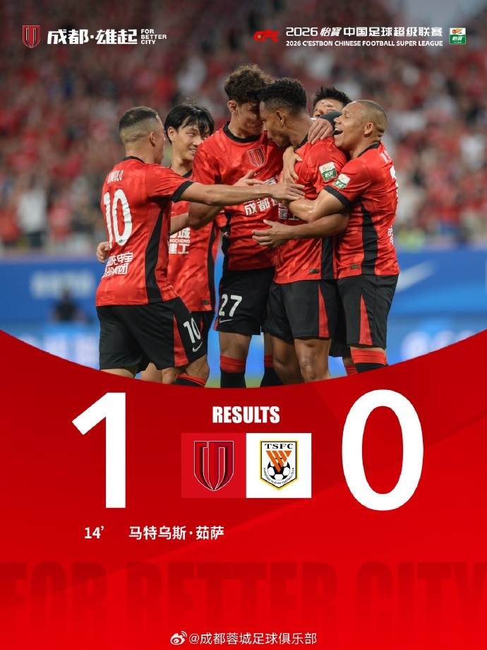 成都蓉城主场1-0胜山东泰山,茹萨头槌创纪录