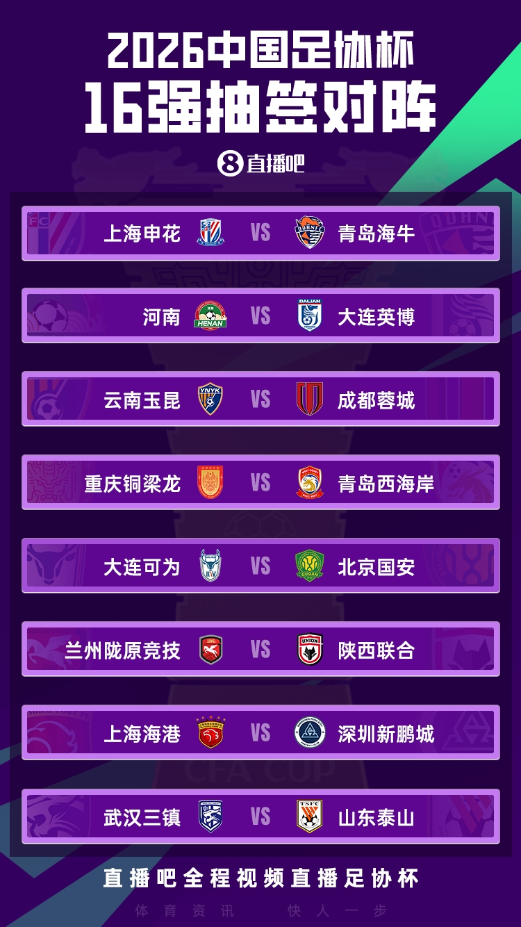 足协杯16强抽签揭晓:西北德比上演,泰山战三镇