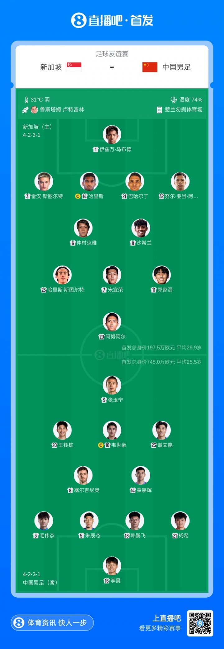 国足客战新加坡首发:李昊首秀,武磊替补待命