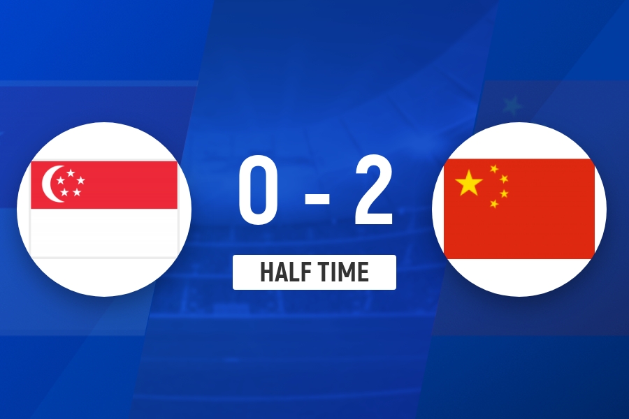 国足半场2-0新加坡,塞尔吉尼奥处子球张玉宁点射