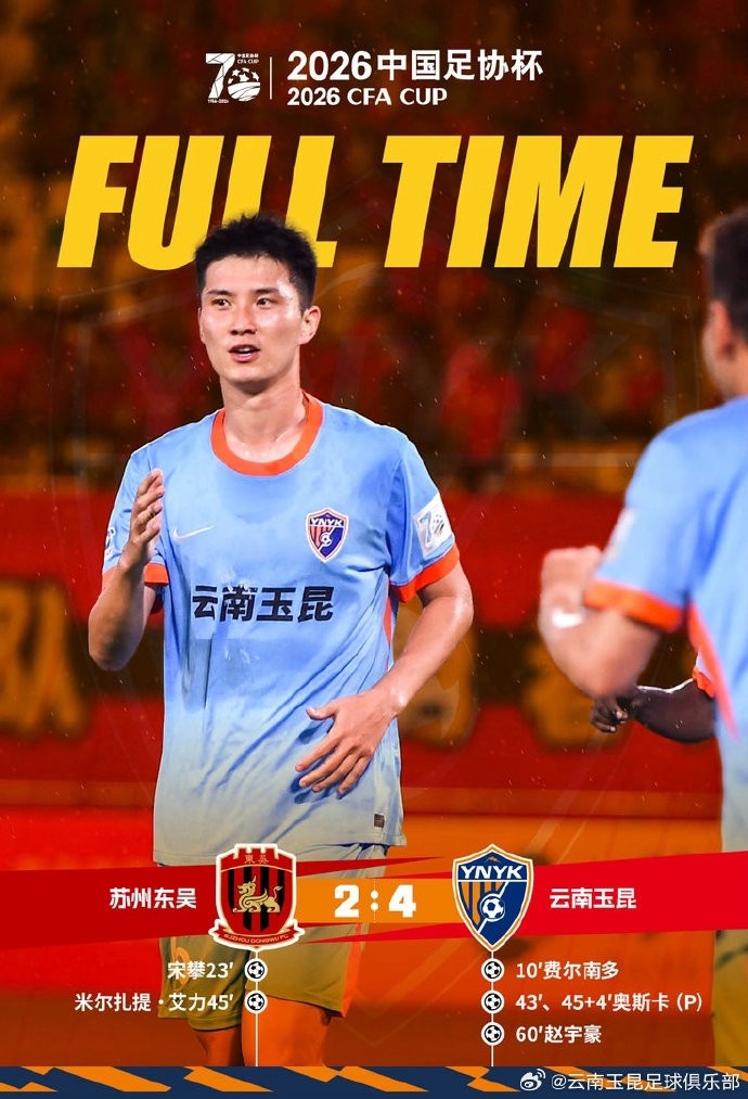 足协杯:云南玉昆客场4-2击败苏州东吴晋级