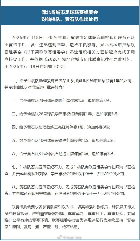 湖北城市联赛冲突处罚:仙桃助教禁赛一年