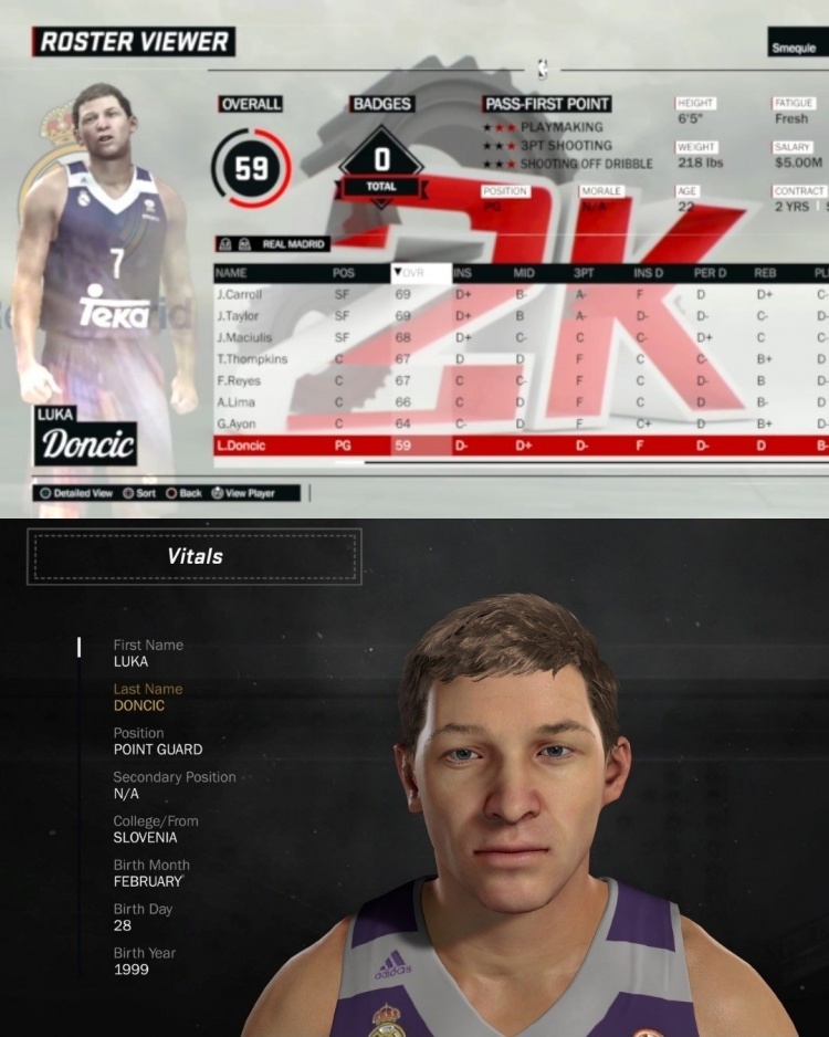 东契奇2K初登场评分59,脸模尴尬