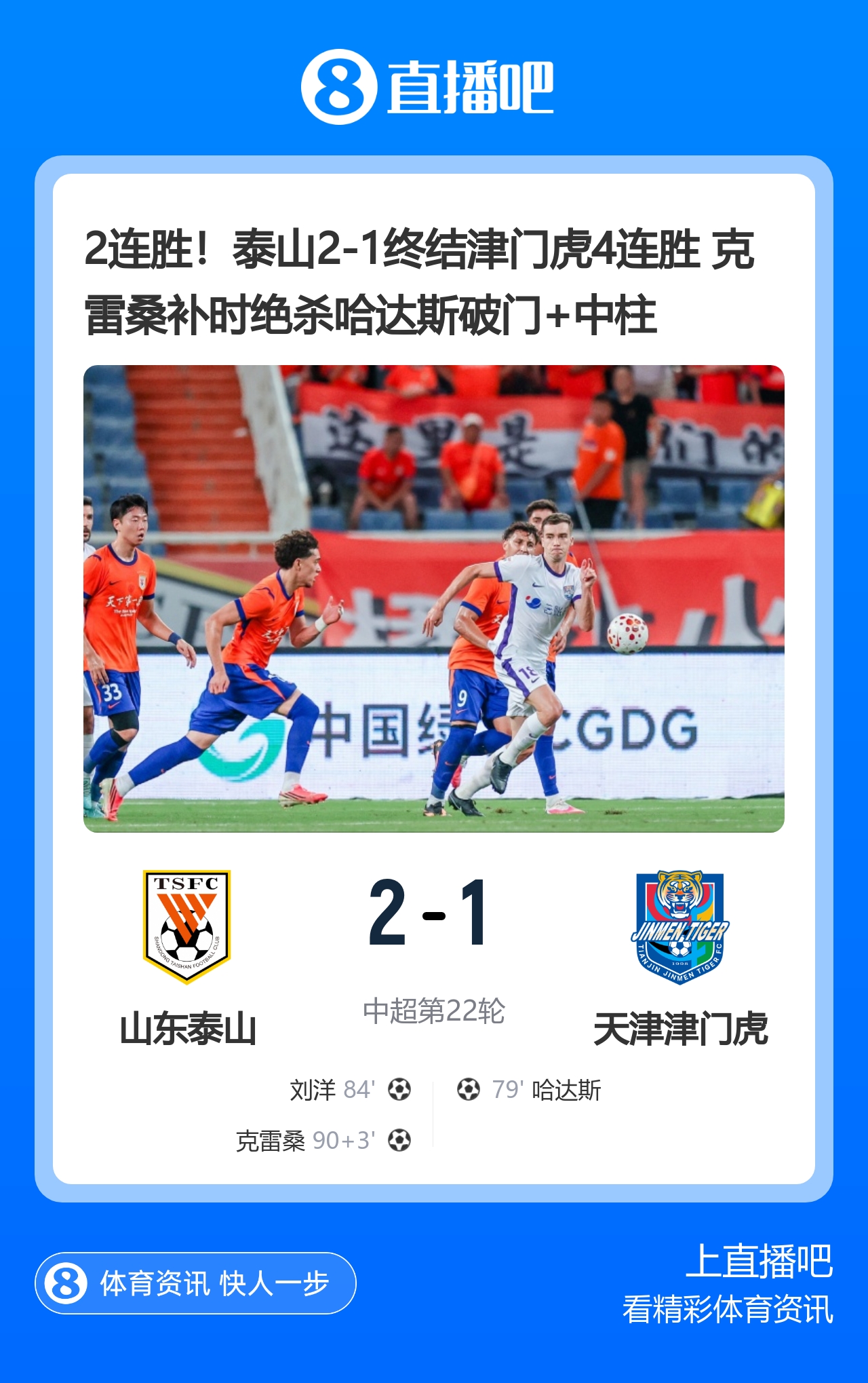 克雷桑93分钟绝杀!泰山2-1终结津门虎四连胜,刘洋、哈达斯破门