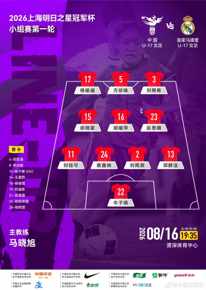 中国女足U17vs皇马女足U17首发:马晓旭挂帅,劳尔女儿先发
